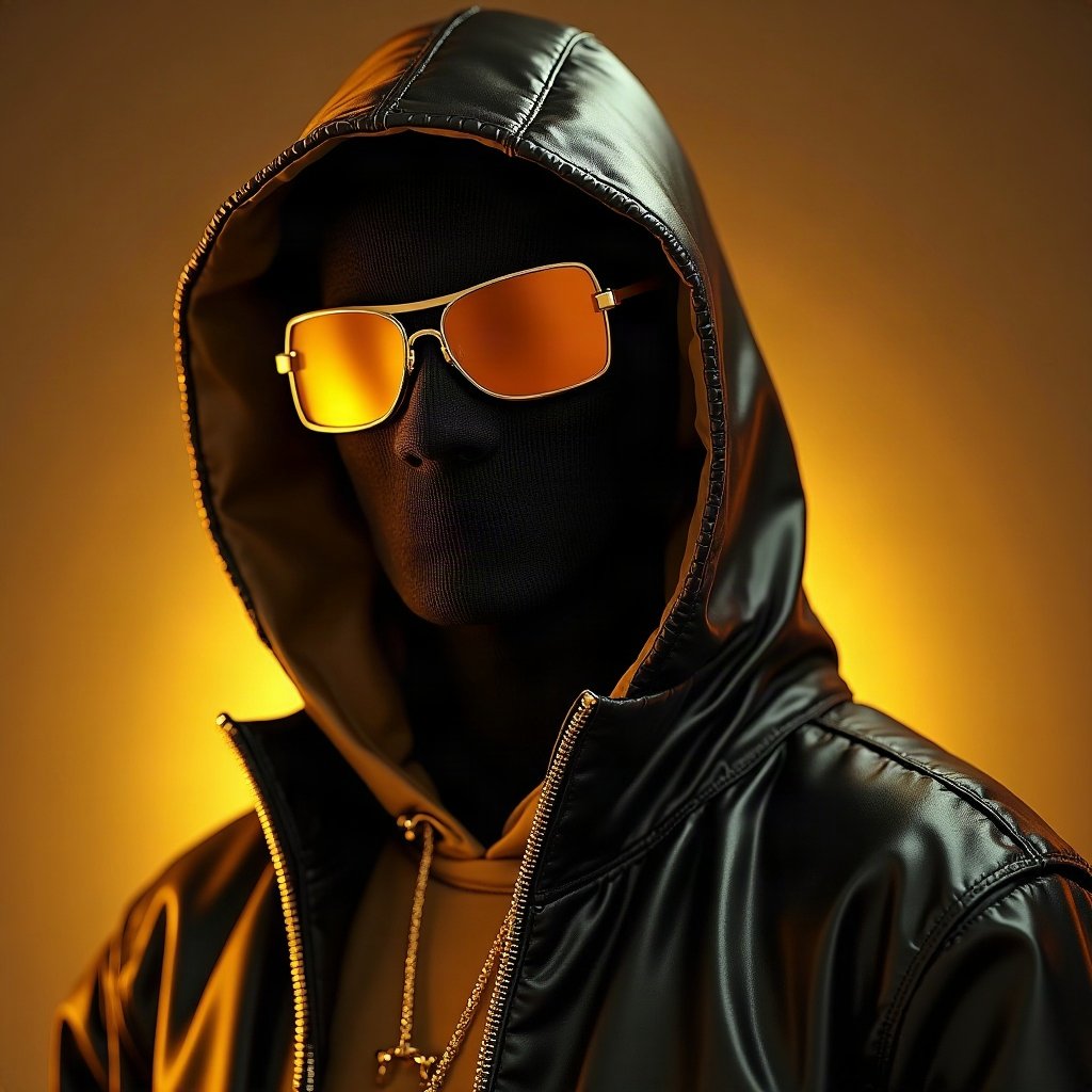 Cool PFPs — masked streetwear figure with attitude, gold hour edge light, glossy premium render
