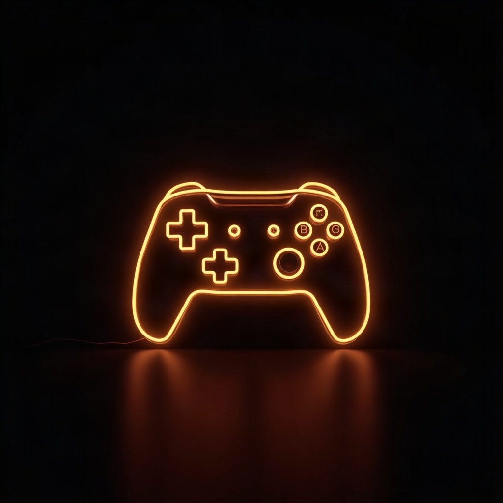 Cool PFPs — neon gaming controller silhouette on dark background, gold hour edge light, cinematic contrast