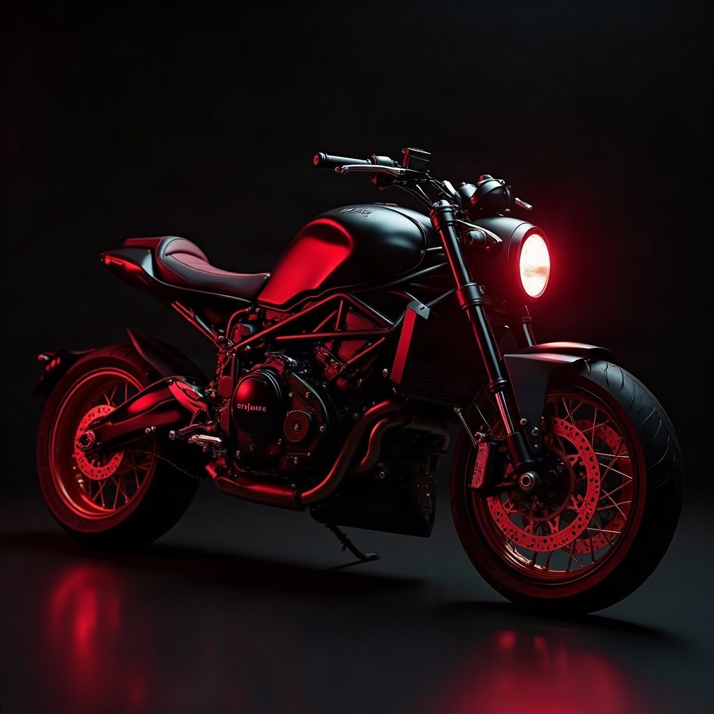 Cool PFPs — matte black sports motorcycle detail shot, red neon glow, subtle film grain