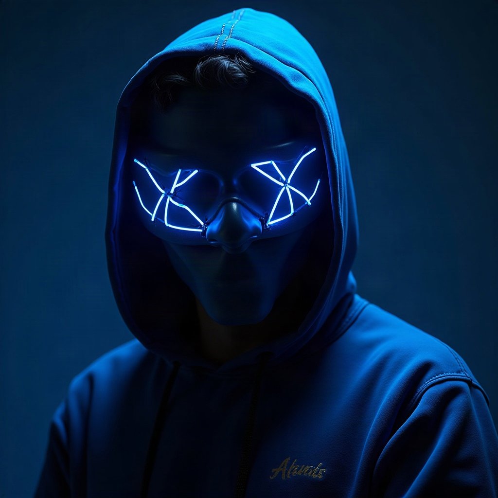 Cool PFPs — masked streetwear figure with attitude, electric blue accent lighting, glossy premium render