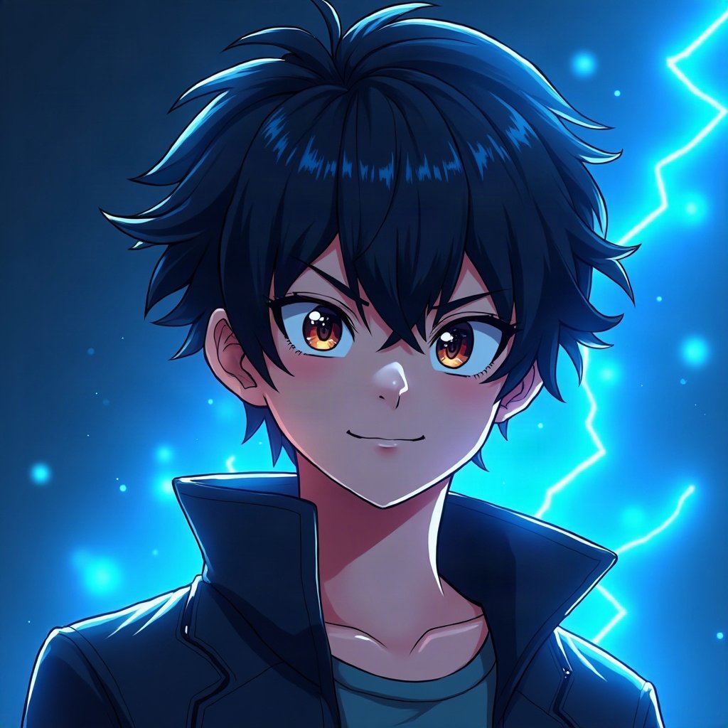 Cool PFPs — original anime-style boy with confident smirk, electric blue accent lighting, clean studio finish