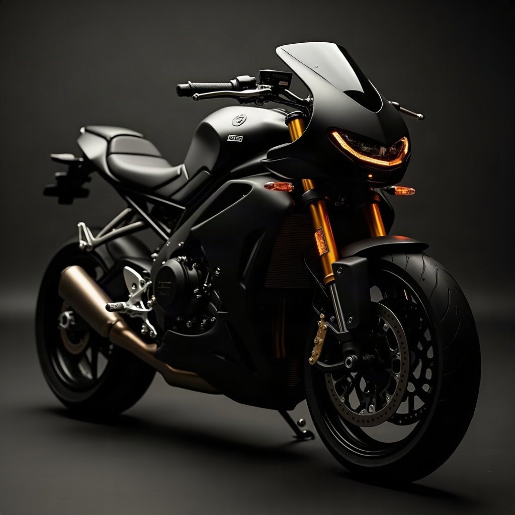 Cool PFPs — matte black sports motorcycle detail shot, gold hour edge light, cinematic contrast
