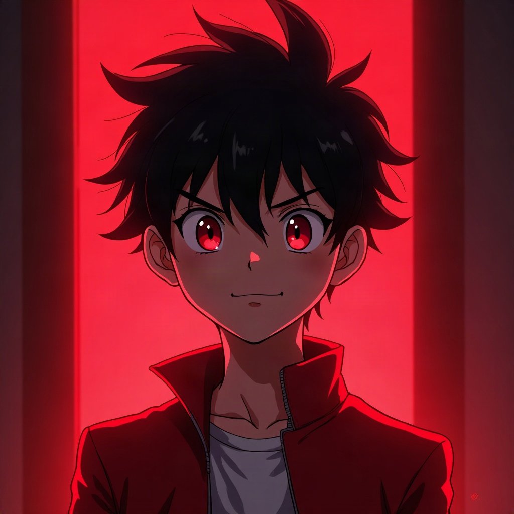 Cool PFPs — original anime-style boy with confident smirk, red neon glow, cinematic contrast