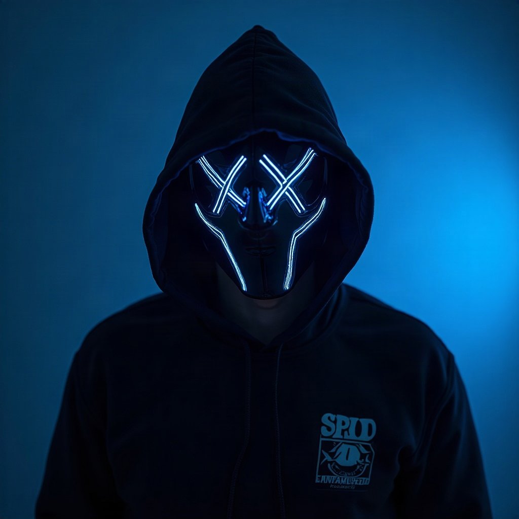Cool PFPs — masked streetwear figure with attitude, electric blue accent lighting, subtle film grain