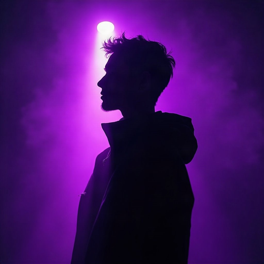 Cool PFPs — dark neon silhouette of a figure, violet haze lighting, subtle film grain
