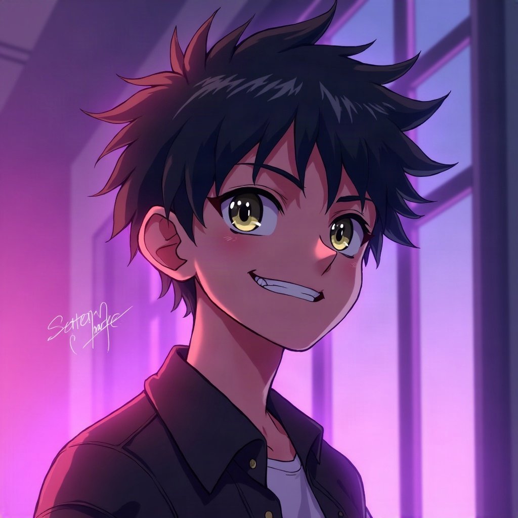 Cool PFPs — original anime-style boy with confident smirk, violet haze lighting, clean studio finish