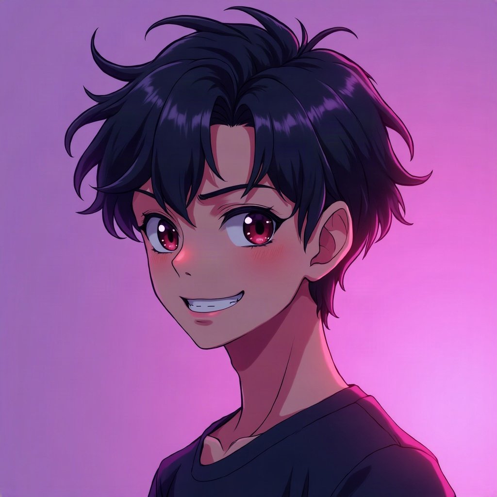 Cool PFPs — original anime-style boy with confident smirk, violet haze lighting, glossy premium render
