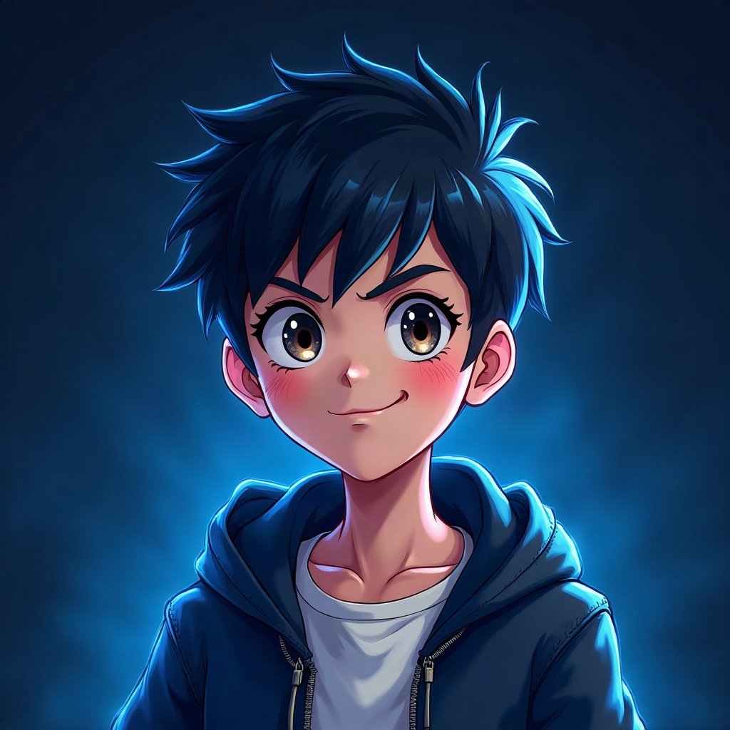 Cool PFPs — original anime-style boy with confident smirk, electric blue accent lighting, clean studio finish
