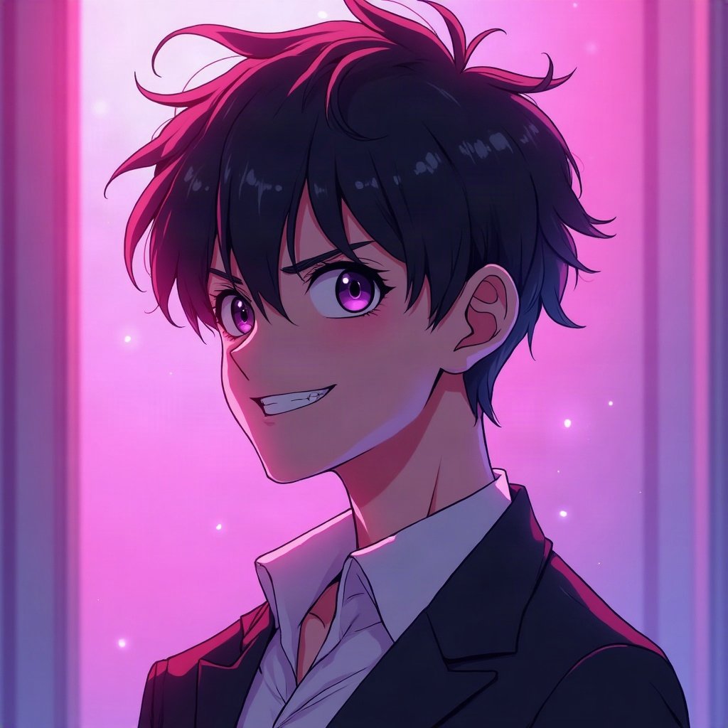 Cool PFPs — original anime-style boy with confident smirk, violet haze lighting, glossy premium render