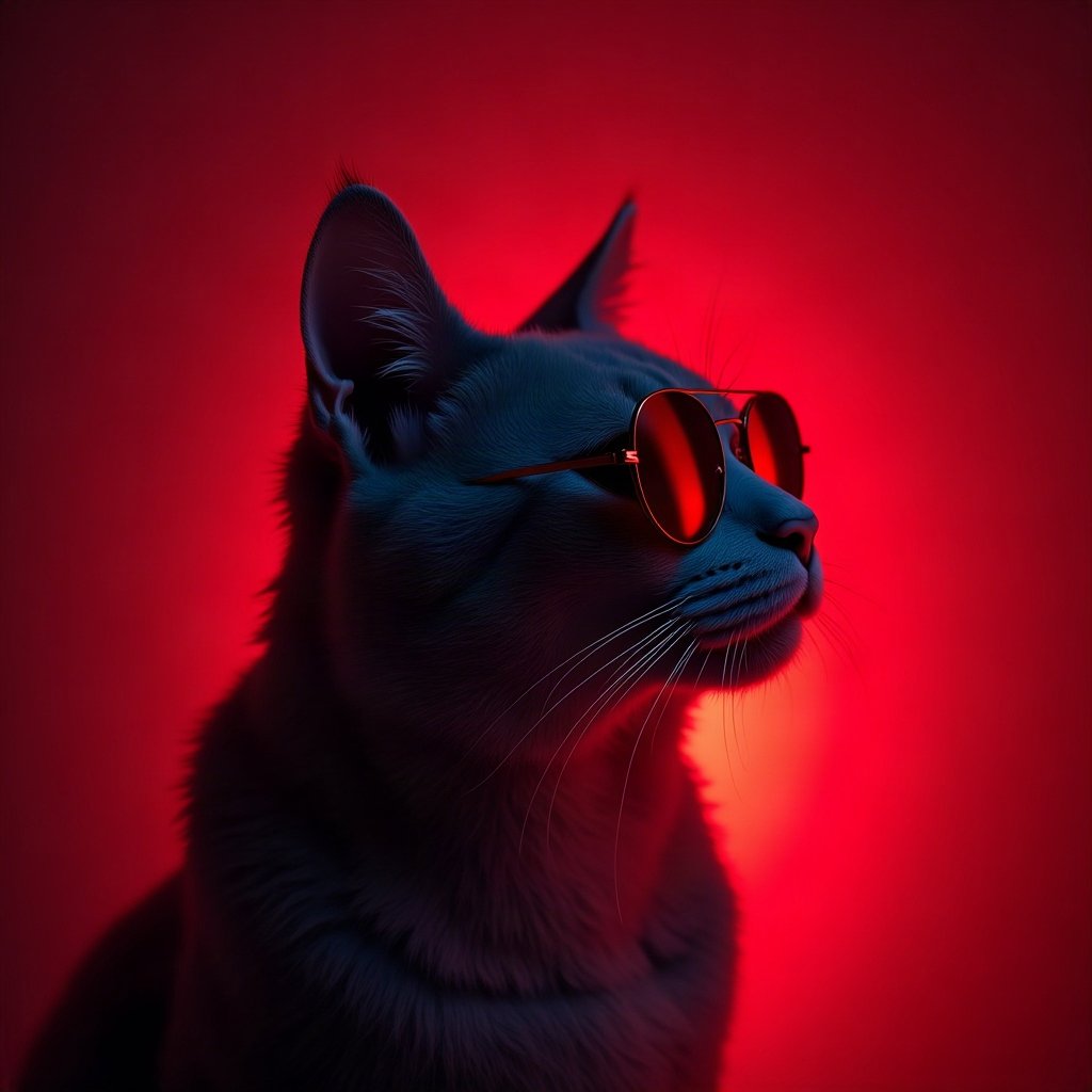 Cool PFPs — cat wearing sunglasses looking unimpressed, red neon glow, clean studio finish