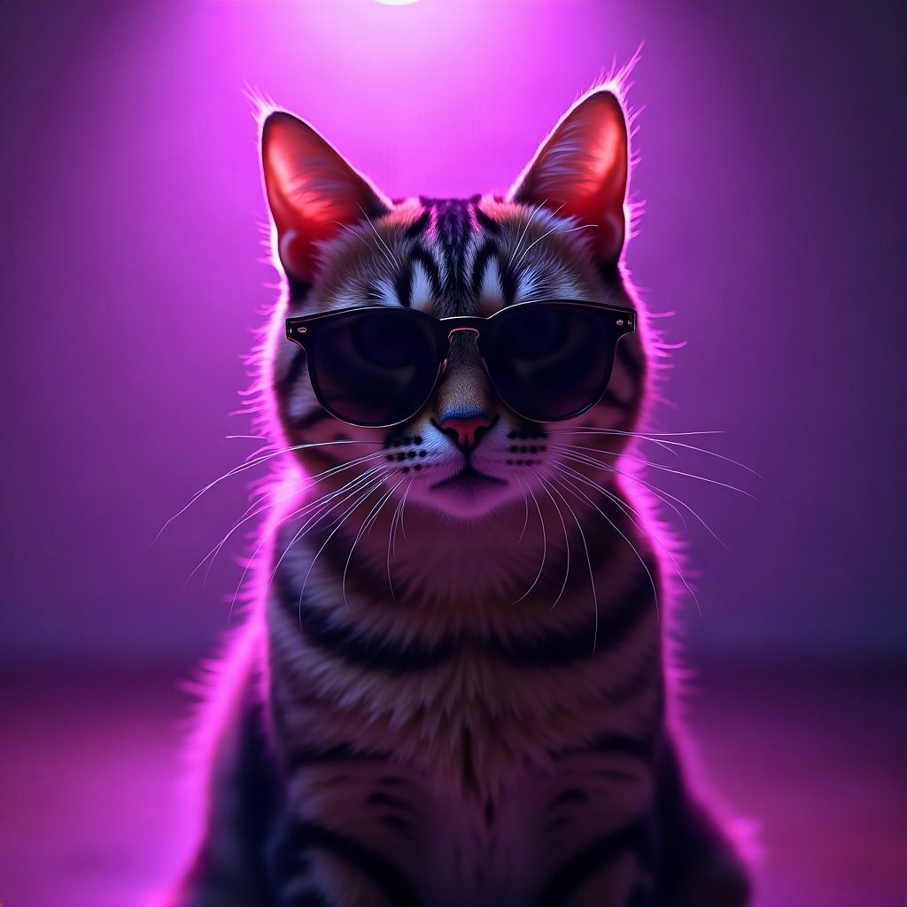 Cool PFPs — cat wearing sunglasses looking unimpressed, violet haze lighting, subtle film grain