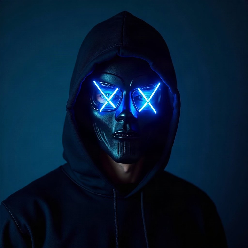 Cool PFPs — masked streetwear figure with attitude, electric blue accent lighting, cinematic contrast