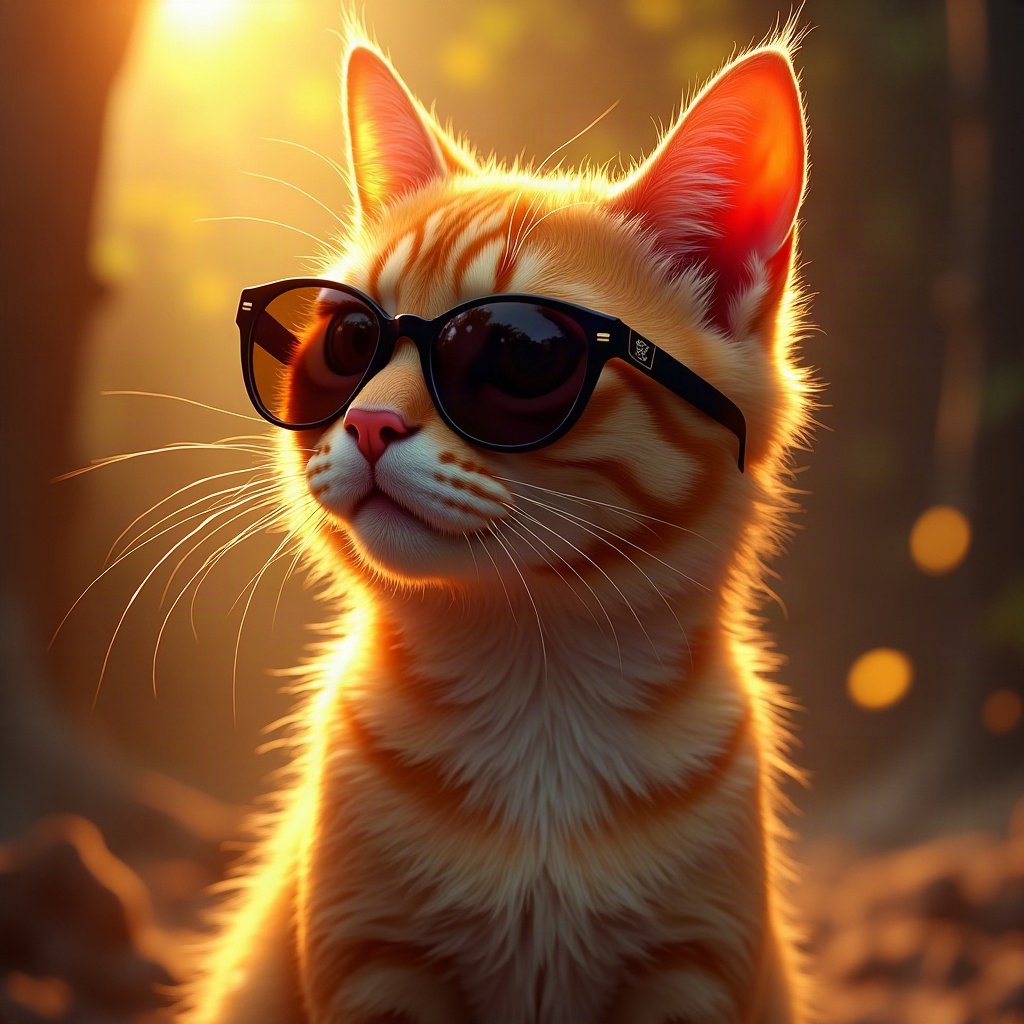 Cool PFPs — cat wearing sunglasses looking unimpressed, gold hour edge light, glossy premium render