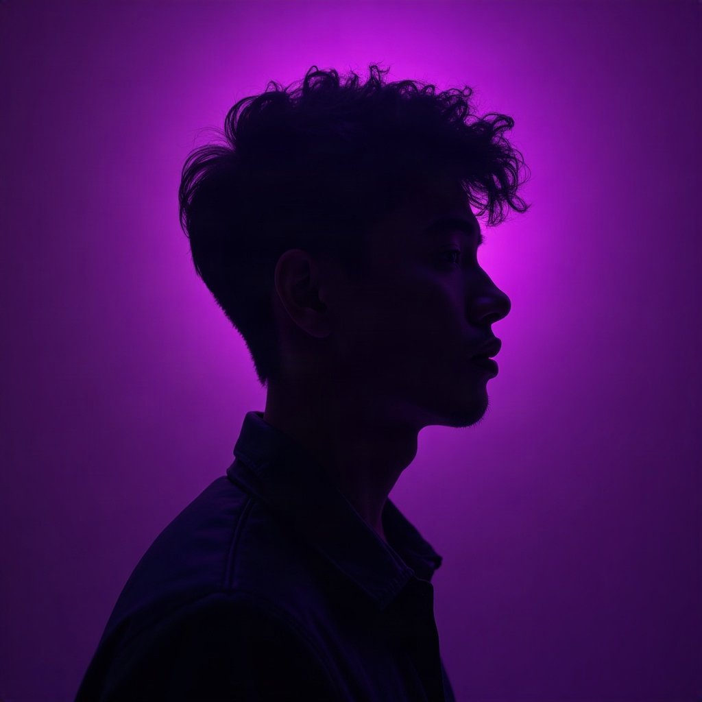 Cool PFPs — dark neon silhouette of a figure, violet haze lighting, glossy premium render