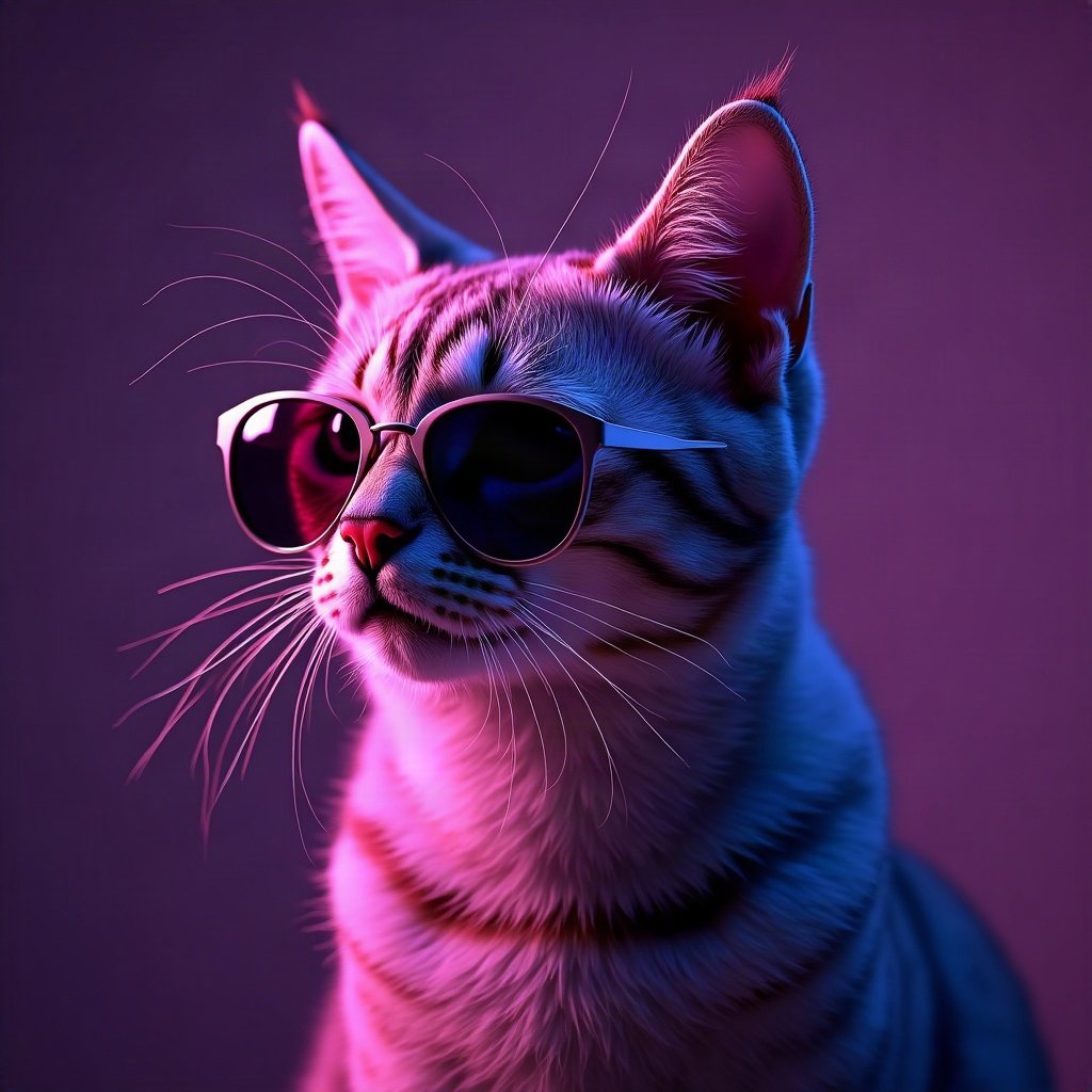 Cool PFPs — cat wearing sunglasses looking unimpressed, violet haze lighting, subtle film grain