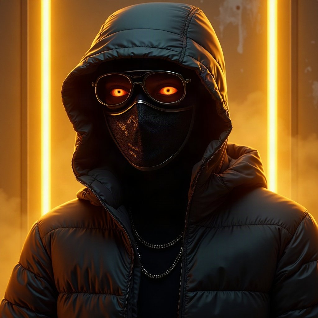 Cool PFPs — masked streetwear figure with attitude, gold hour edge light, glossy premium render