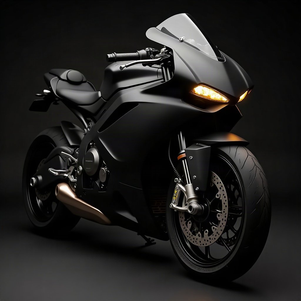 Cool PFPs — matte black sports motorcycle detail shot, gold hour edge light, clean studio finish