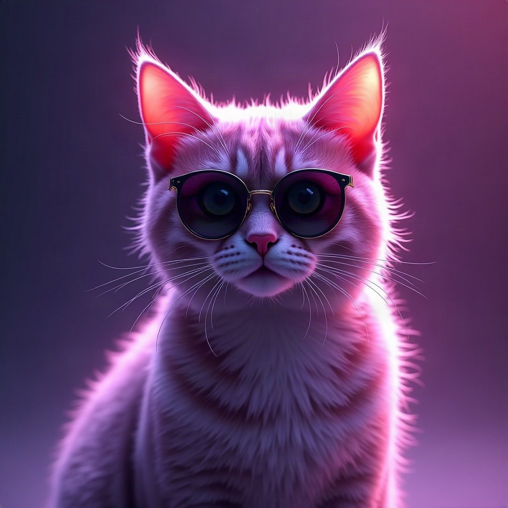 Cool PFPs — cat wearing sunglasses looking unimpressed, violet haze lighting, glossy premium render