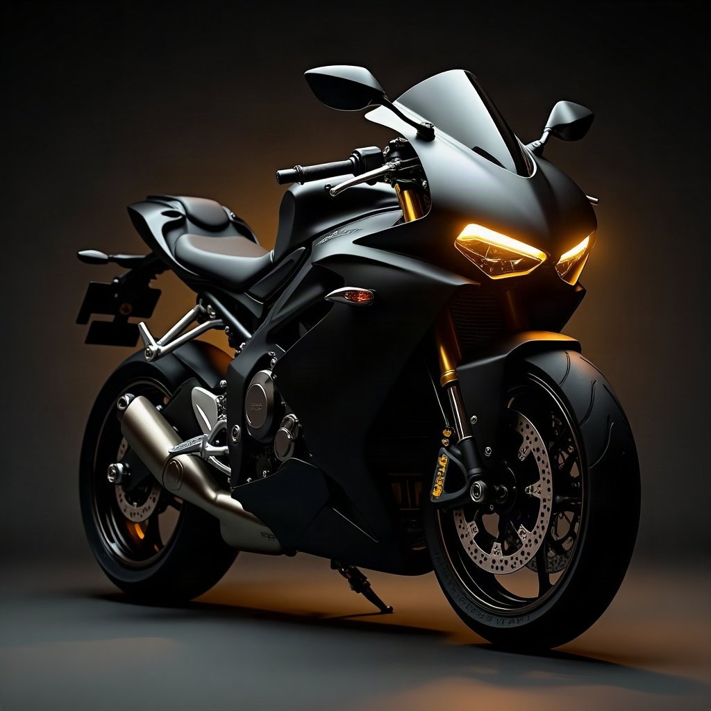 Cool PFPs — matte black sports motorcycle detail shot, gold hour edge light, cinematic contrast