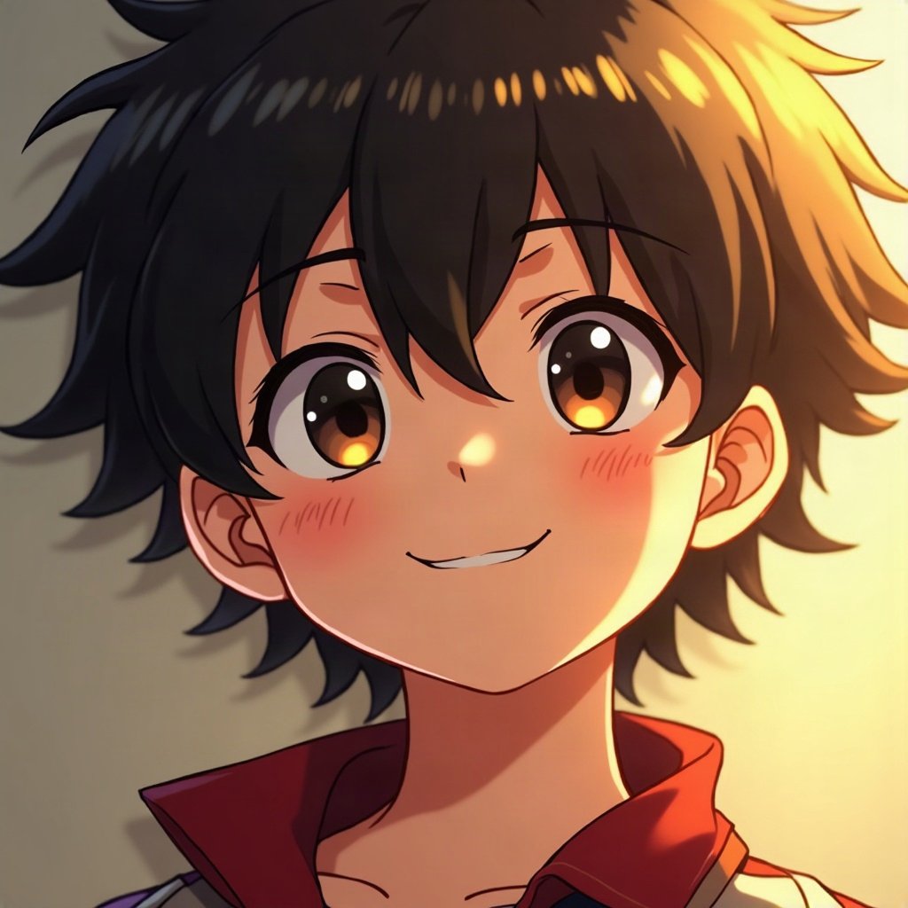 Cool PFPs — original anime-style boy with confident smirk, gold hour edge light, glossy premium render