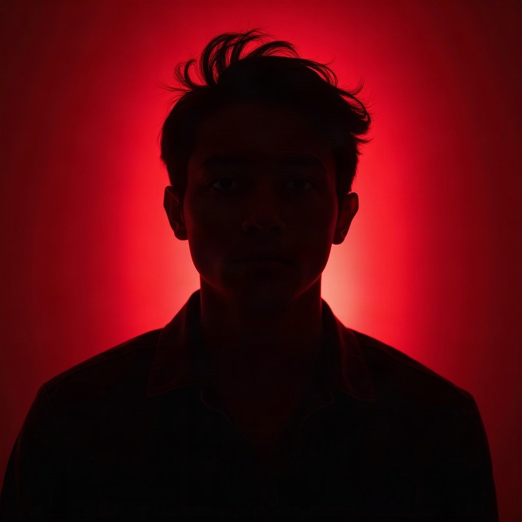 Cool PFPs — dark neon silhouette of a figure, red neon glow, subtle film grain