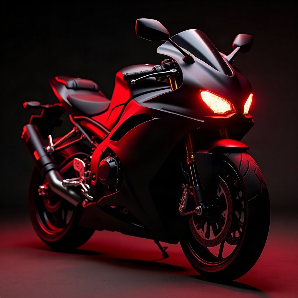 Cool PFPs — matte black sports motorcycle detail shot, red neon glow, subtle film grain