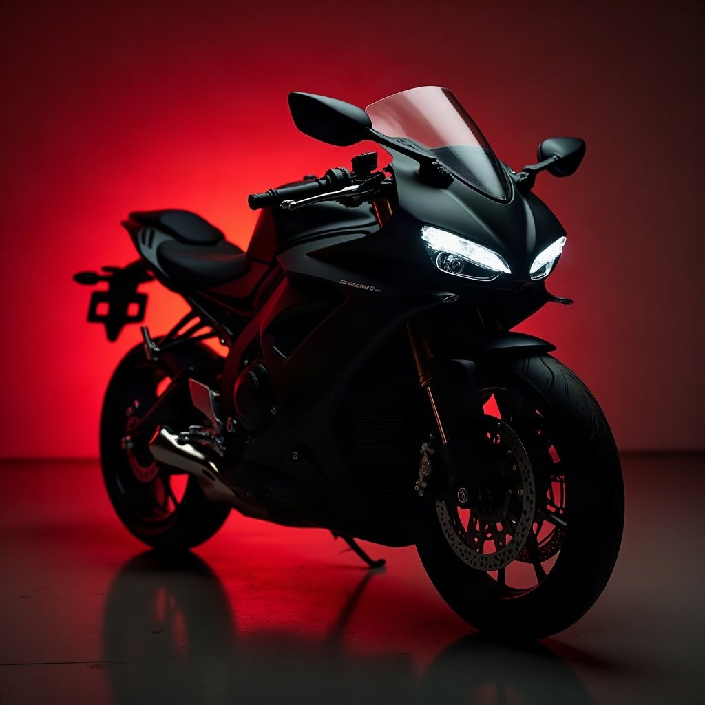 Cool PFPs — matte black sports motorcycle detail shot, red neon glow, subtle film grain