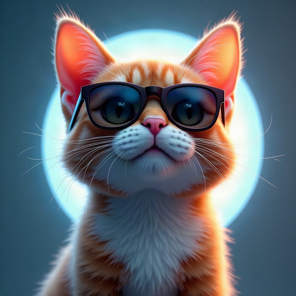 Cool PFPs — cat wearing sunglasses looking unimpressed, ice white rim light, glossy premium render