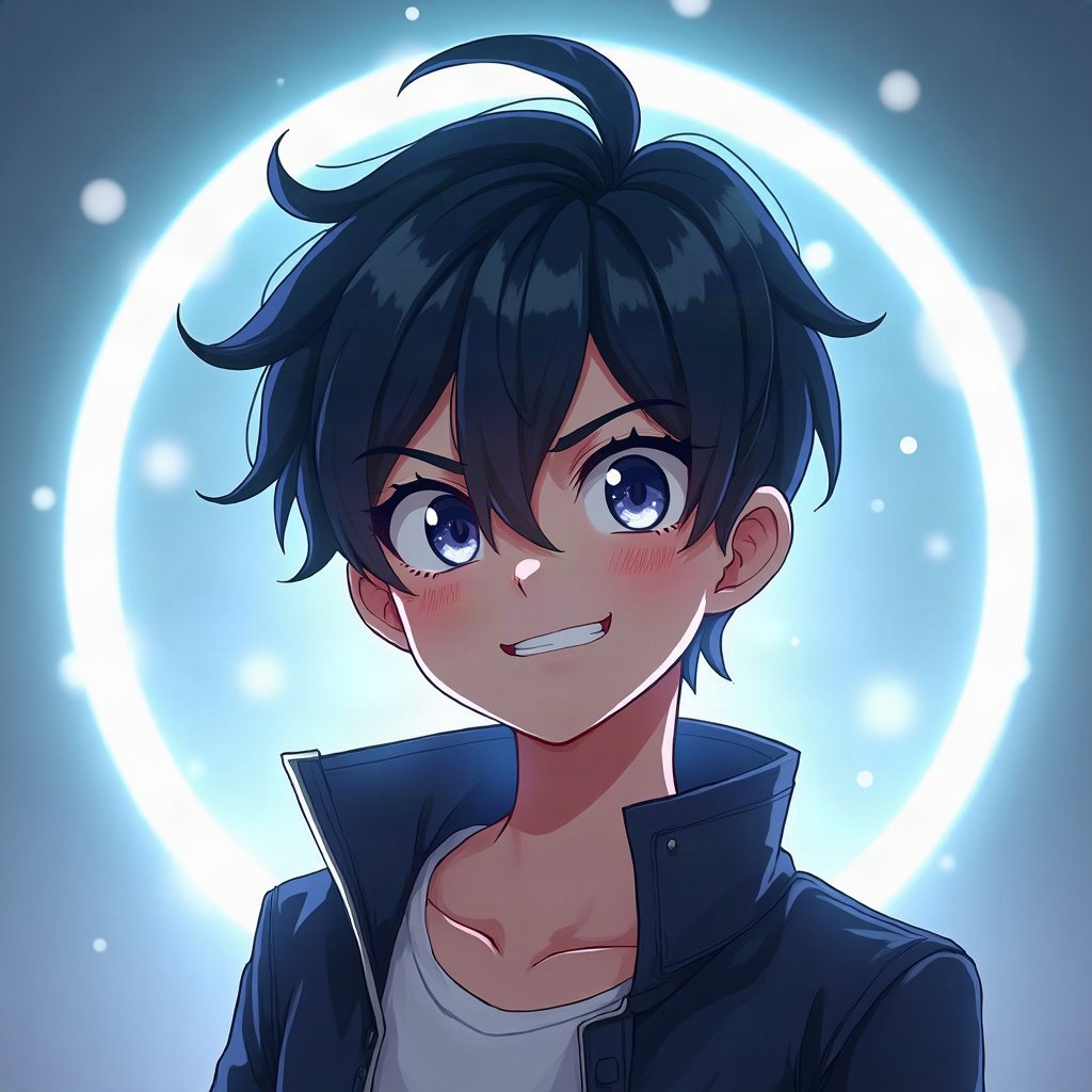 Cool PFPs — original anime-style boy with confident smirk, ice white rim light, glossy premium render