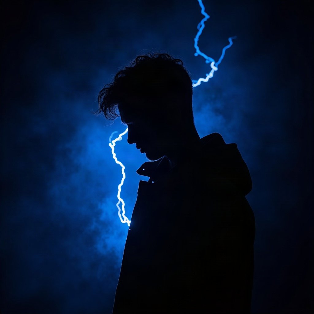 Cool PFPs — dark neon silhouette of a figure, electric blue accent lighting, subtle film grain