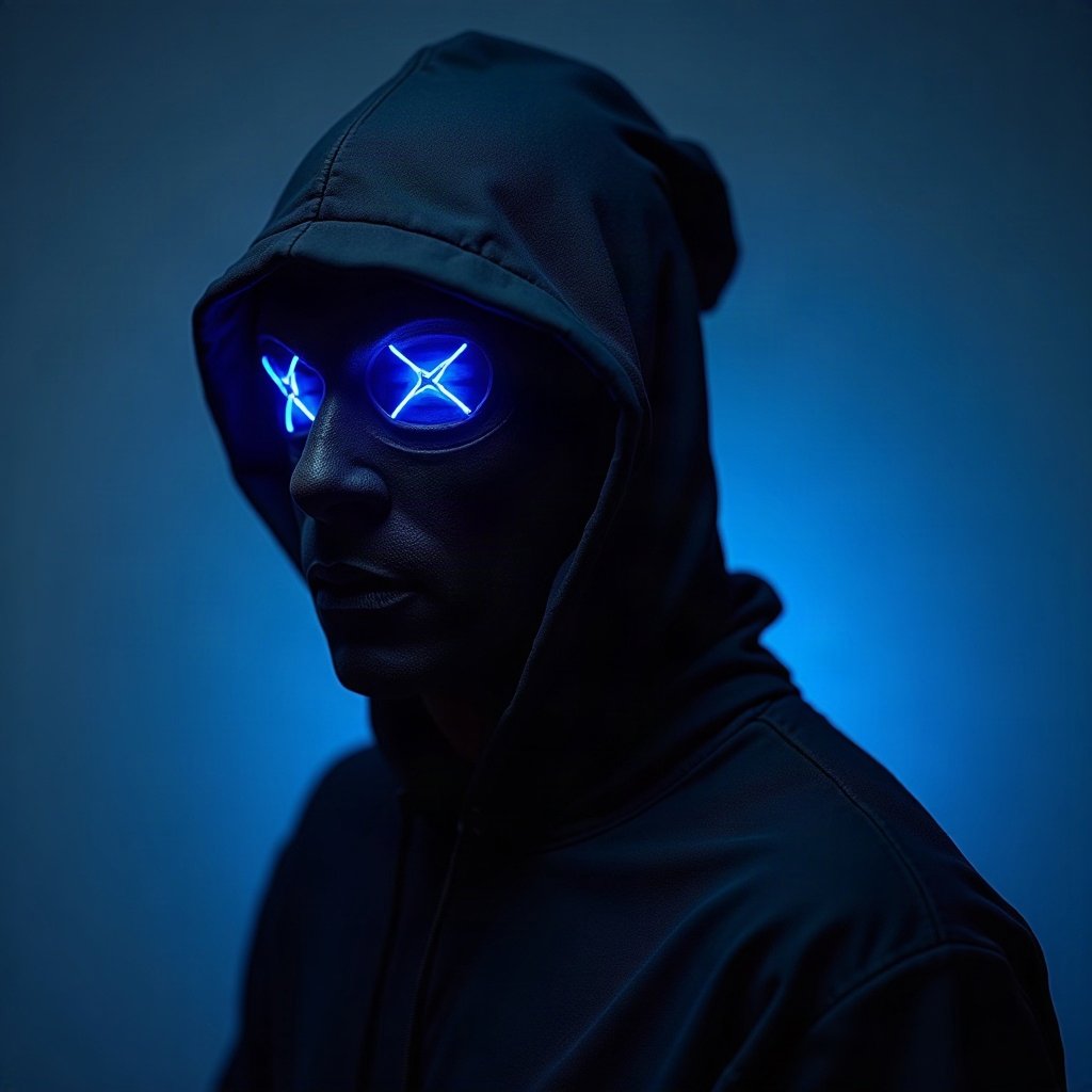 Cool PFPs — masked streetwear figure with attitude, electric blue accent lighting, clean studio finish