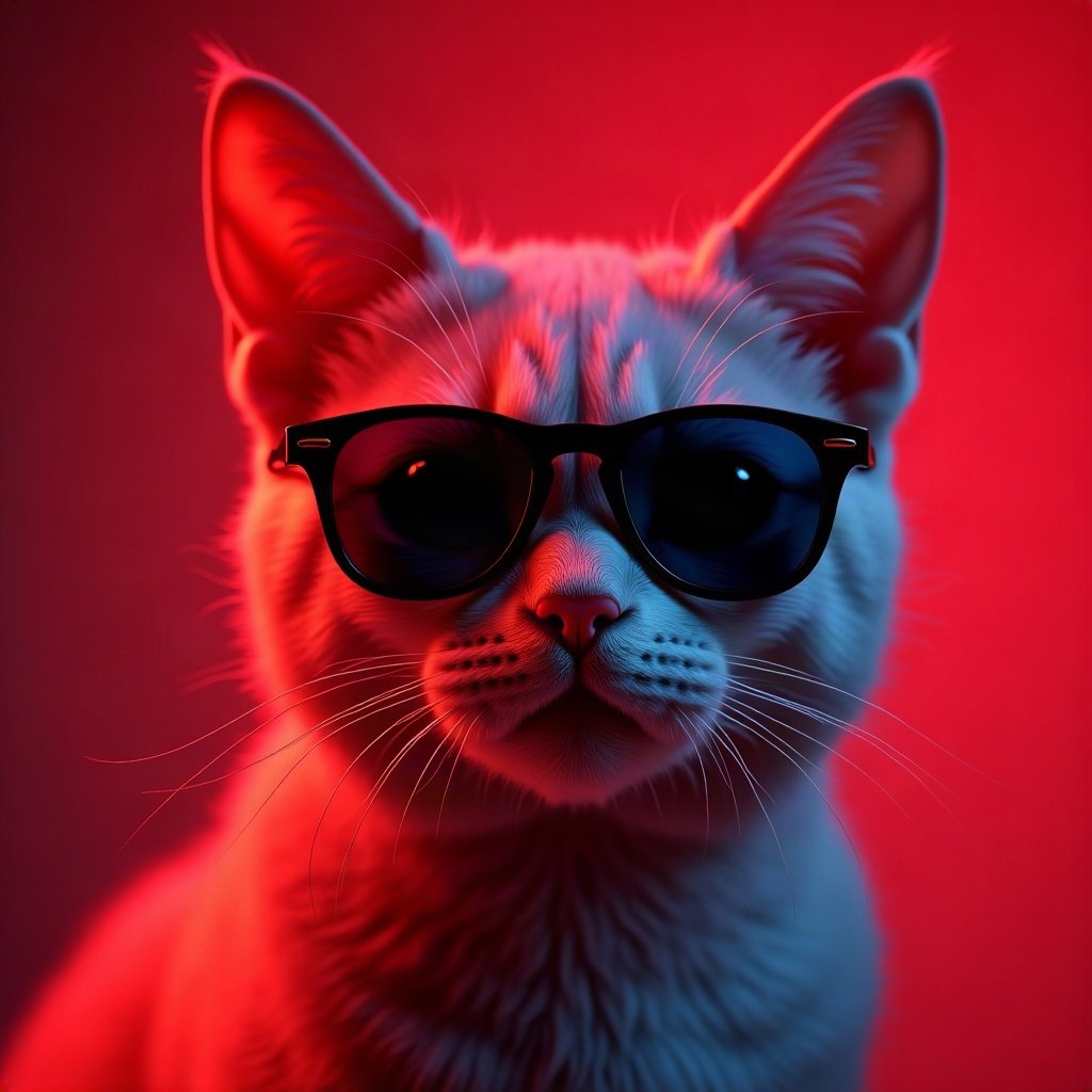 Cool PFPs — cat wearing sunglasses looking unimpressed, red neon glow, glossy premium render