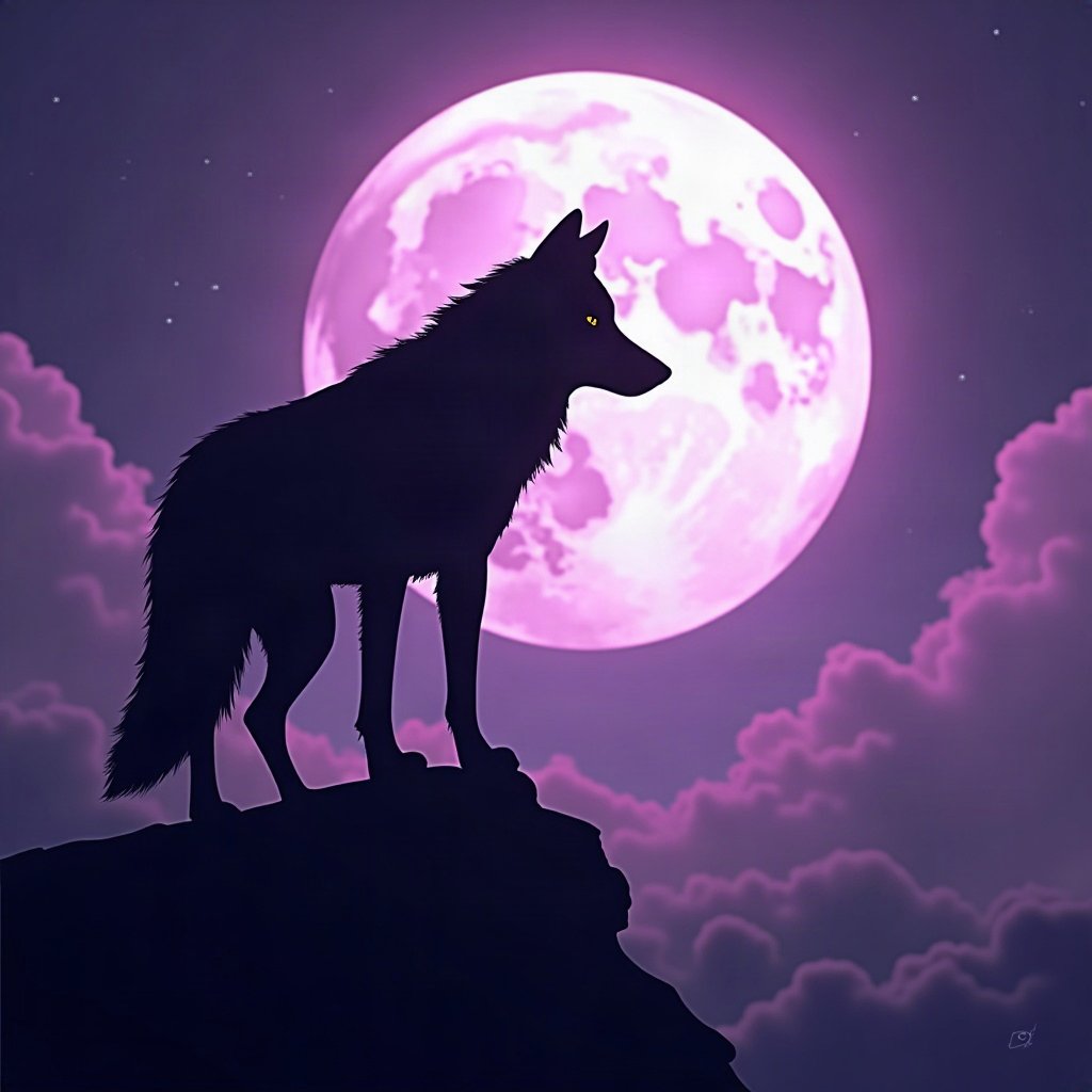 Cool PFPs — lone wolf silhouette against moon, violet haze lighting, glossy premium render