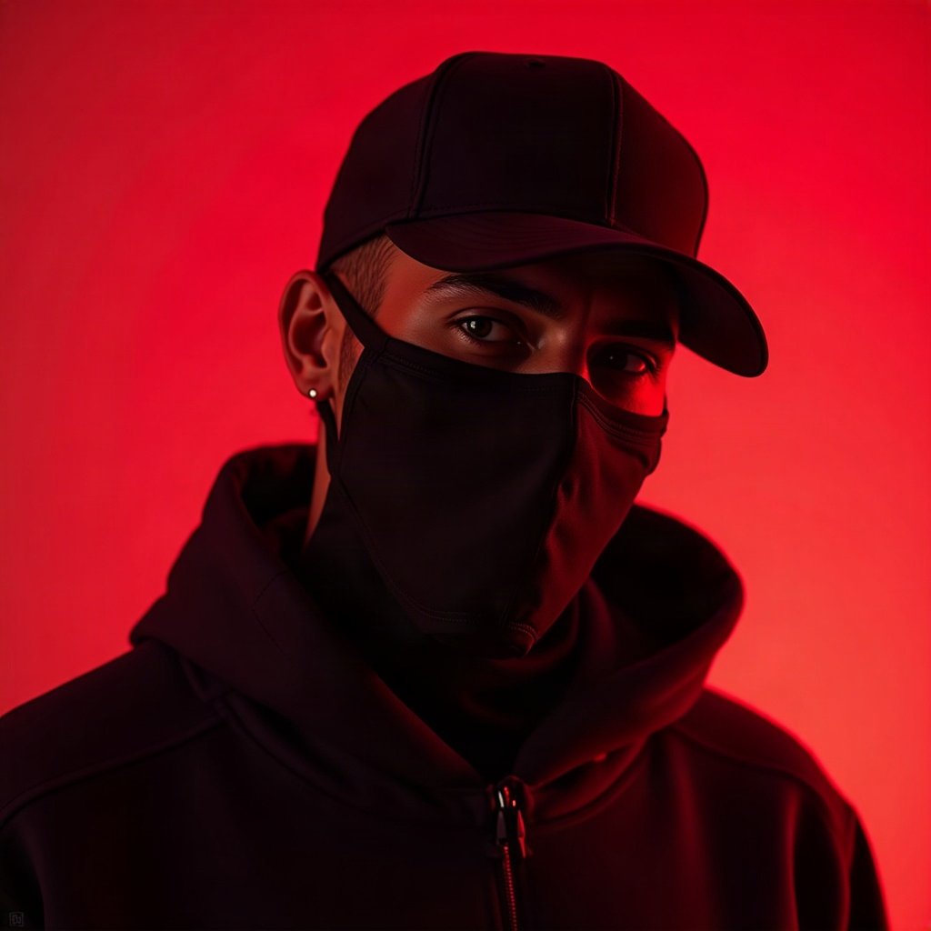 Cool PFPs — masked streetwear figure with attitude, red neon glow, clean studio finish