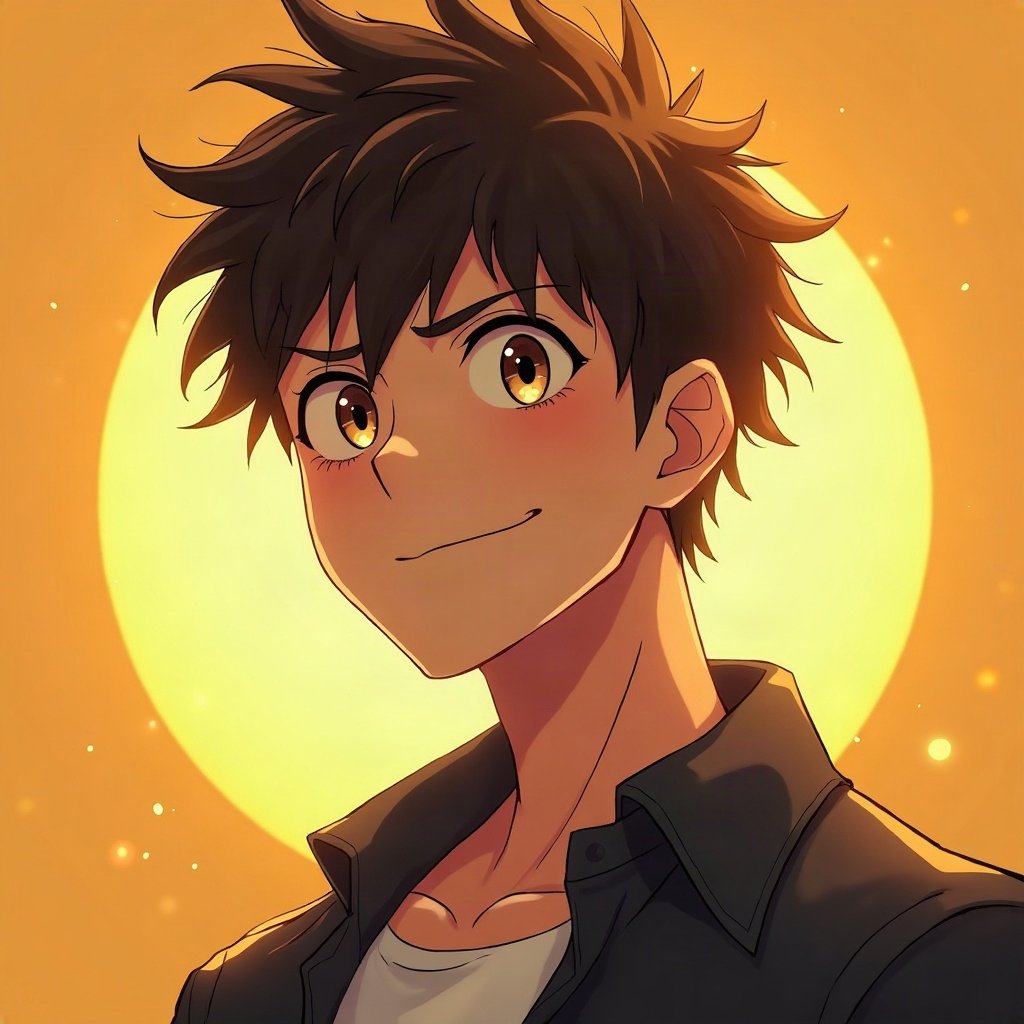 Cool PFPs — original anime-style boy with confident smirk, gold hour edge light, glossy premium render