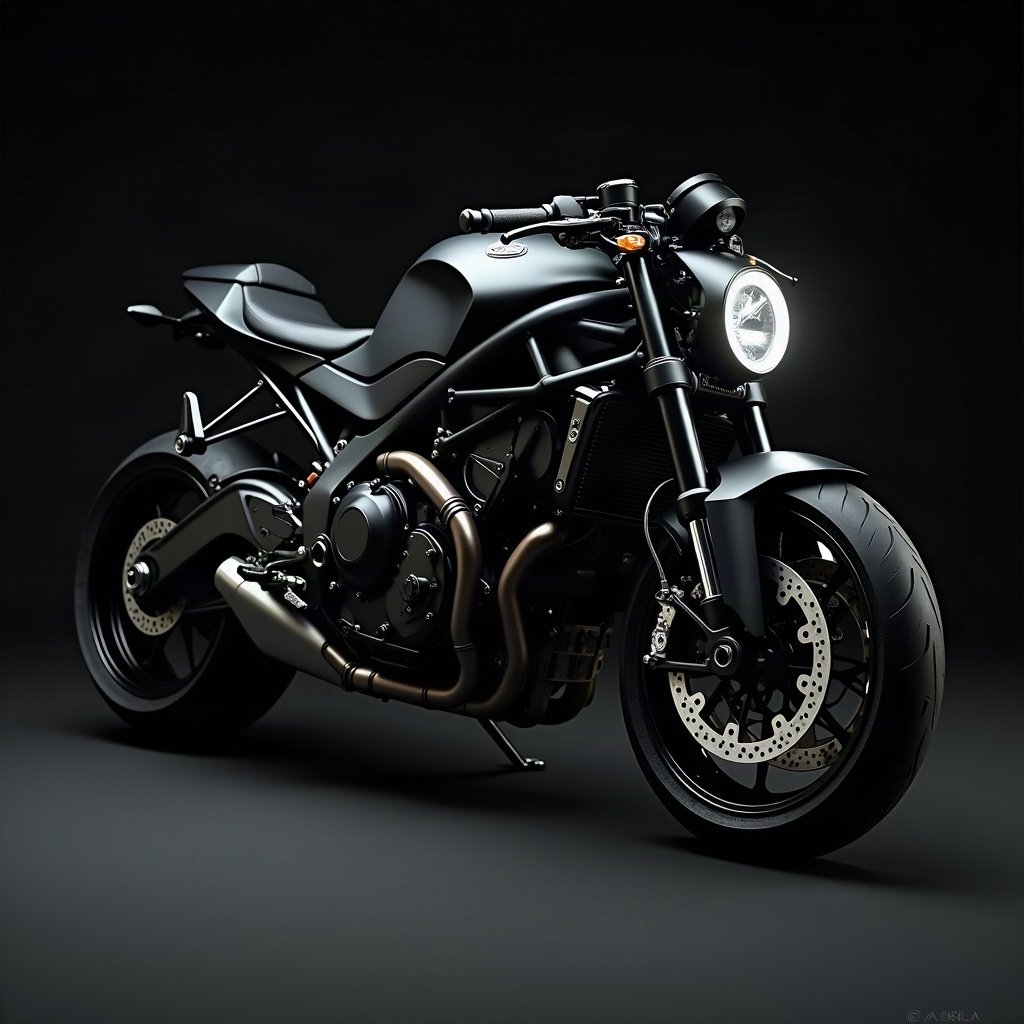 Cool PFPs — matte black sports motorcycle detail shot, ice white rim light, cinematic contrast