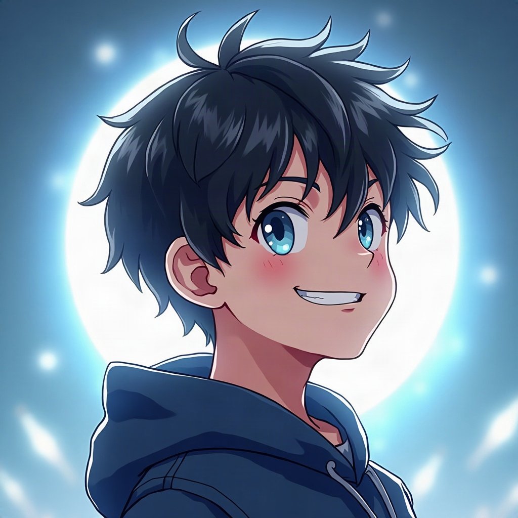 Cool PFPs — original anime-style boy with confident smirk, ice white rim light, glossy premium render