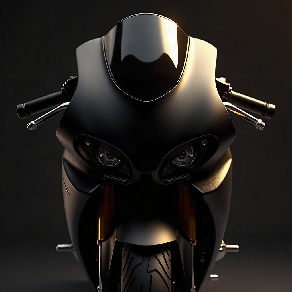 Cool PFPs — matte black sports motorcycle detail shot, gold hour edge light, cinematic contrast