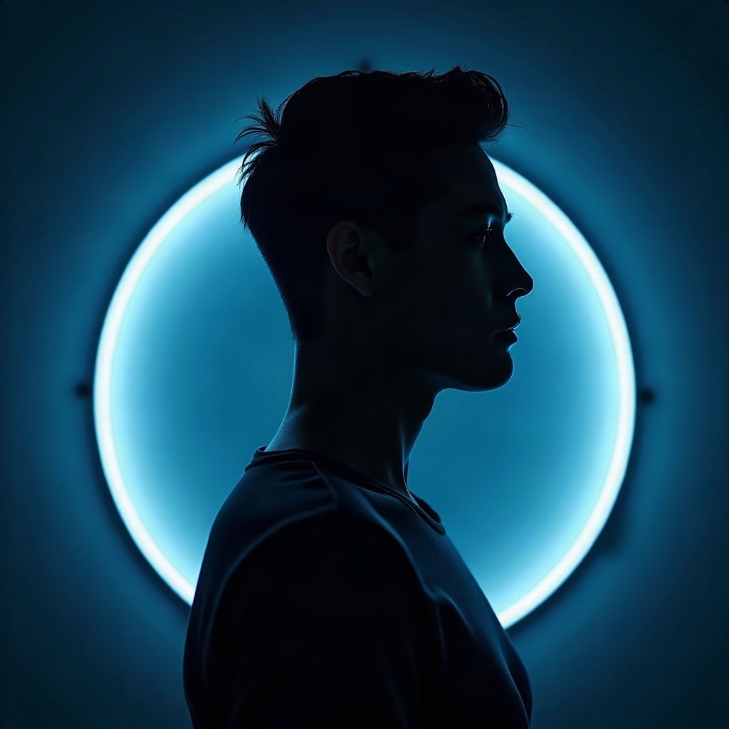 Cool PFPs — dark neon silhouette of a figure, ice white rim light, cinematic contrast
