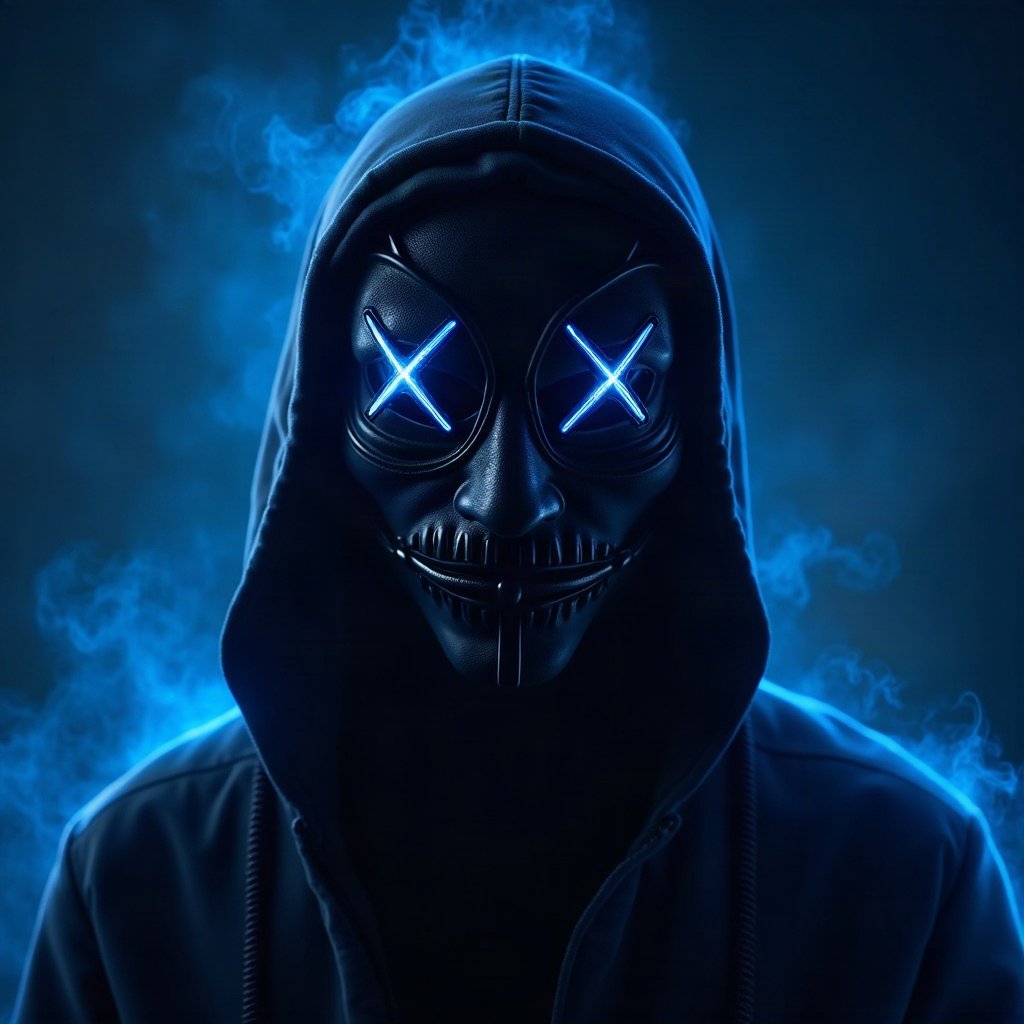 Cool PFPs — masked streetwear figure with attitude, electric blue accent lighting, cinematic contrast