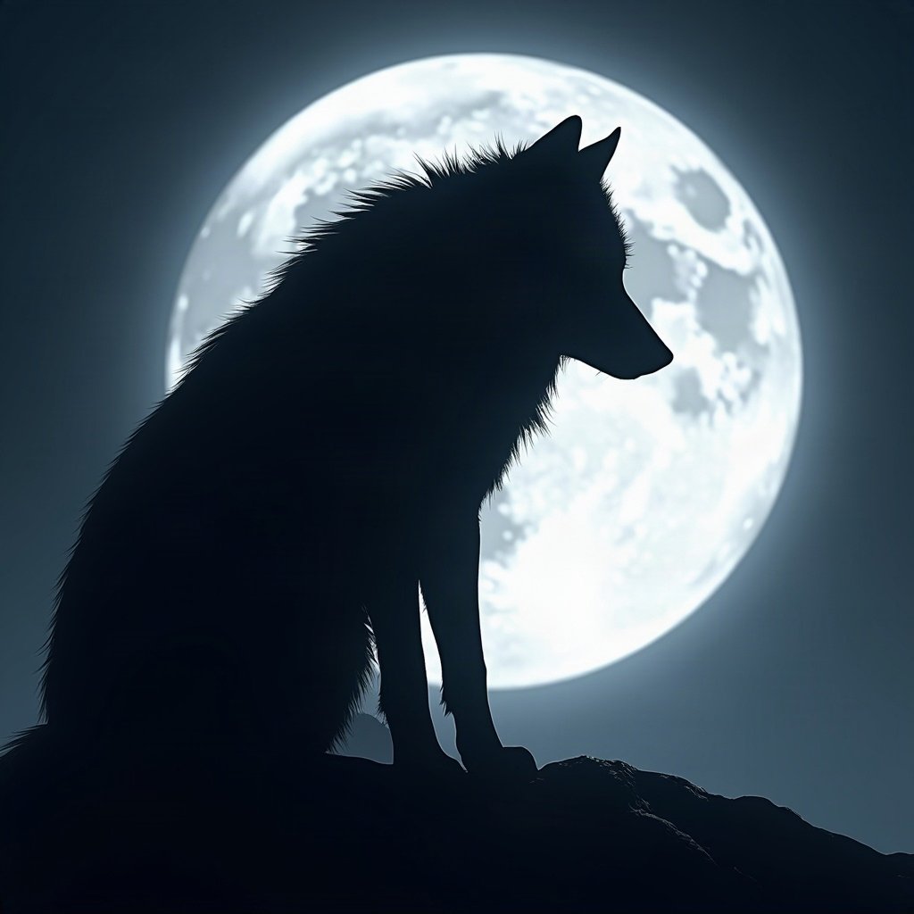 Cool PFPs — lone wolf silhouette against moon, ice white rim light, clean studio finish