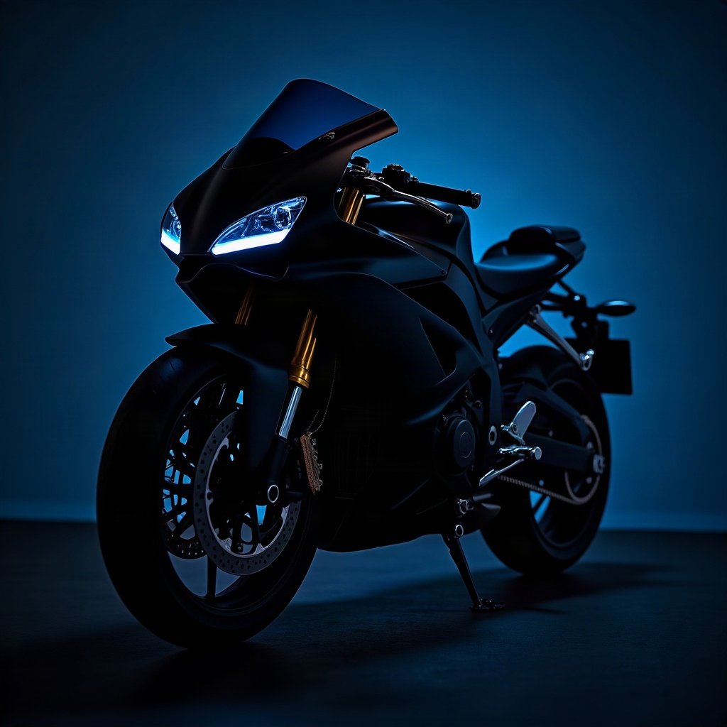 Cool PFPs — matte black sports motorcycle detail shot, electric blue accent lighting, cinematic contrast