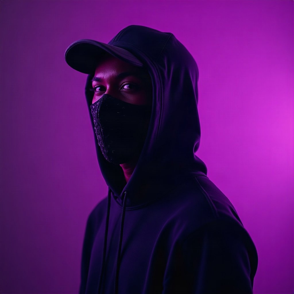 Cool PFPs — masked streetwear figure with attitude, violet haze lighting, clean studio finish