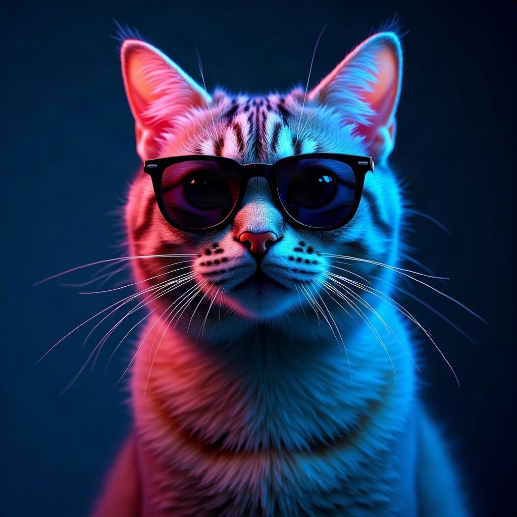 Cool PFPs — cat wearing sunglasses looking unimpressed, electric blue accent lighting, clean studio finish