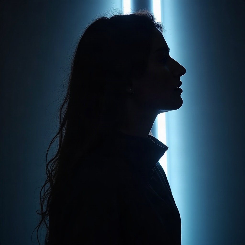 Cool PFPs — dark neon silhouette of a figure, ice white rim light, subtle film grain