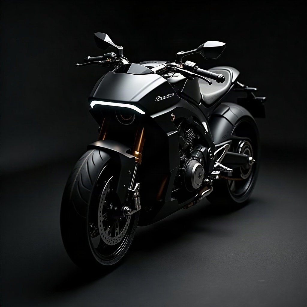 Cool PFPs — matte black sports motorcycle detail shot, ice white rim light, subtle film grain
