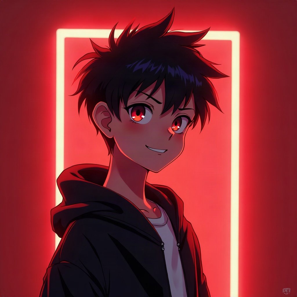 Cool PFPs — original anime-style boy with confident smirk, red neon glow, glossy premium render