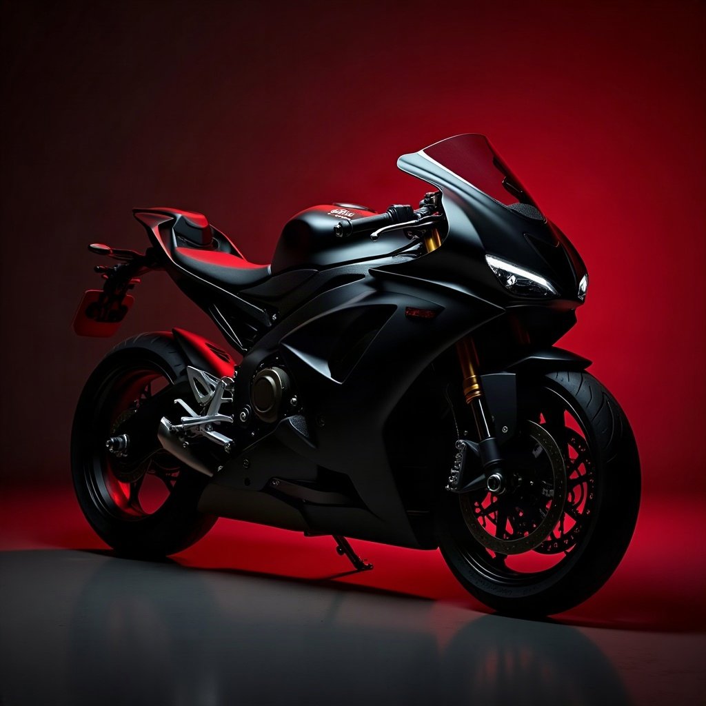 Cool PFPs — matte black sports motorcycle detail shot, red neon glow, clean studio finish