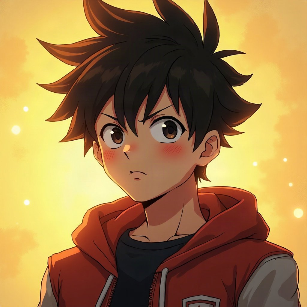 Cool PFPs — original anime-style boy with confident smirk, gold hour edge light, subtle film grain