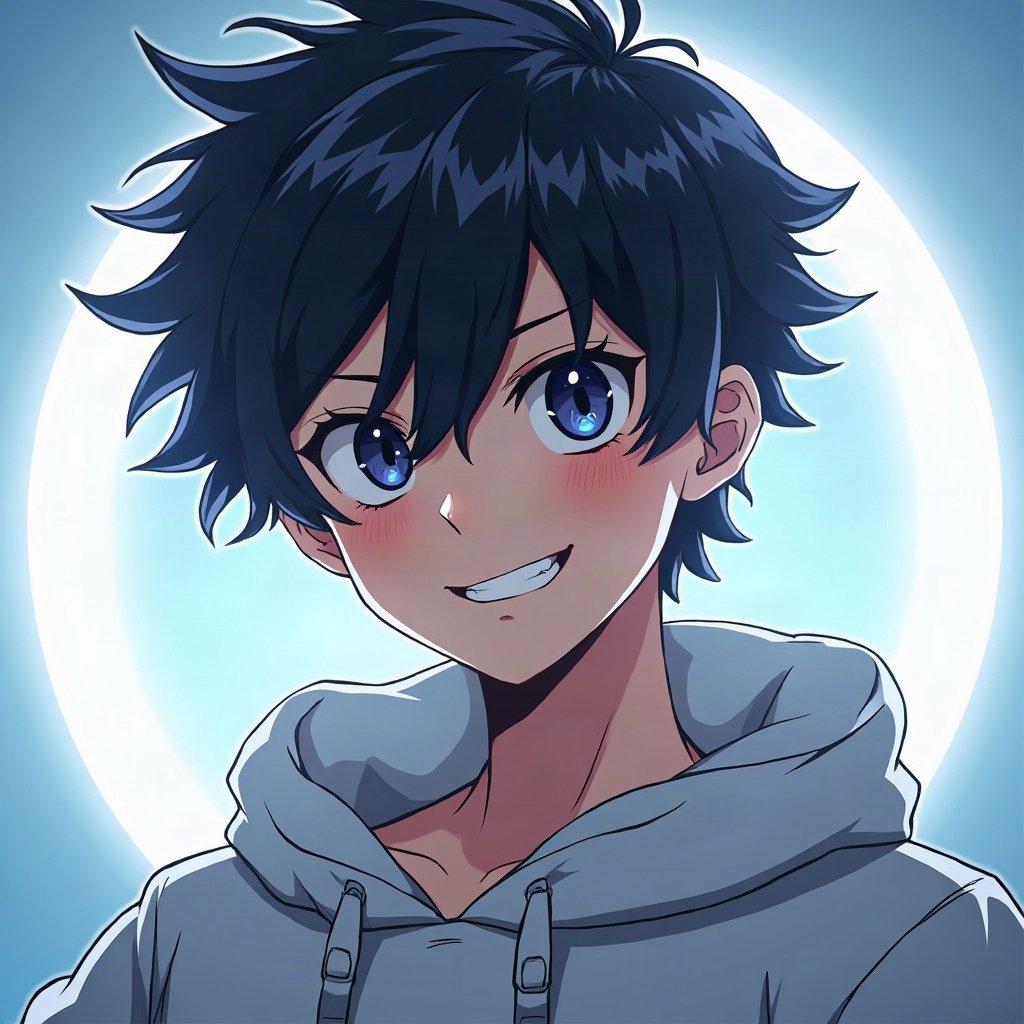 Cool PFPs — original anime-style boy with confident smirk, ice white rim light, glossy premium render